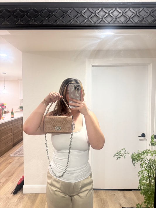 Miu Miu Quilted Beige Crossbody Bag with Crystal Chain