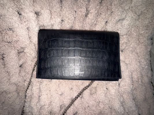 Saint Laurent Black Croc-Embossed Leather Crossbody Bag with Silver Chain