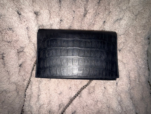 Saint Laurent Black Croc-Embossed Leather Crossbody Bag with Silver Chain