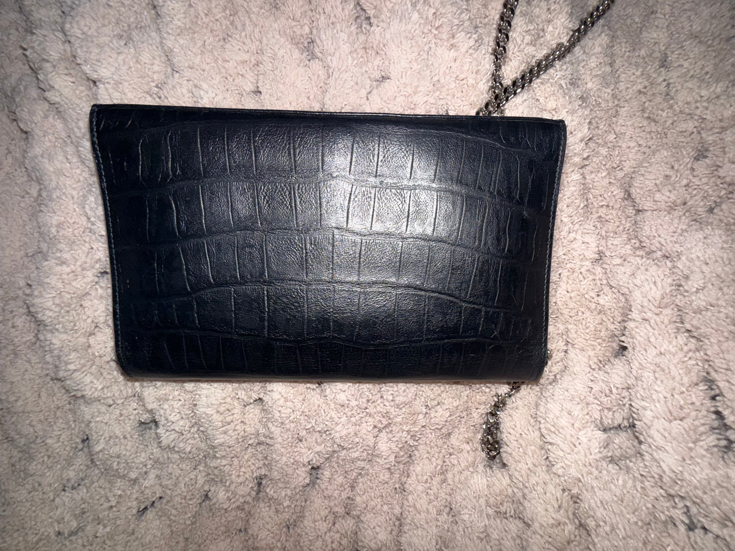 Saint Laurent Black Croc-Embossed Leather Crossbody Bag with Silver Chain