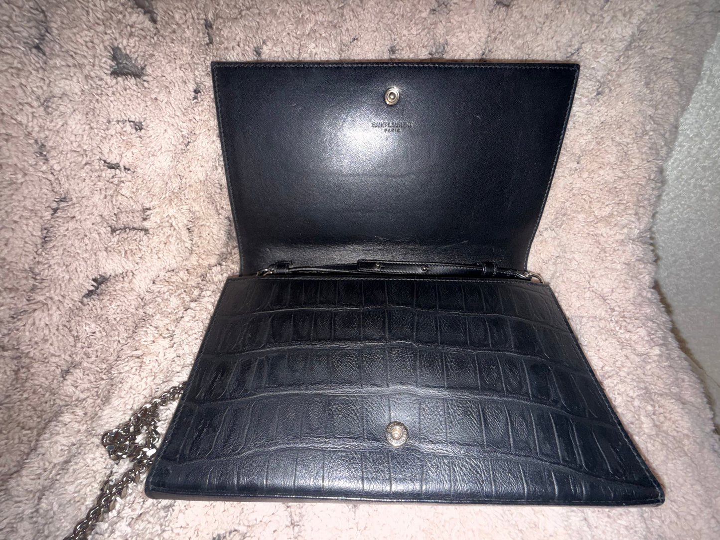 Saint Laurent Black Croc-Embossed Leather Crossbody Bag with Silver Chain